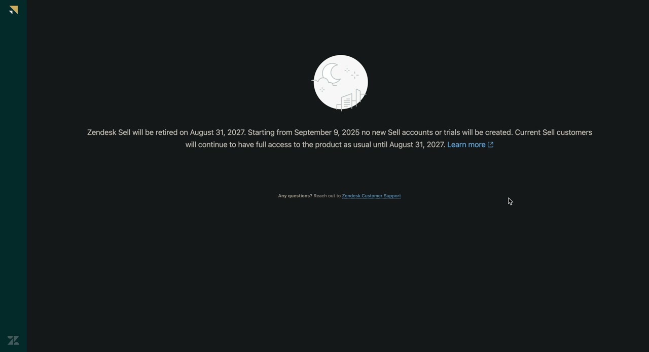 Zendesk admin center replaced by a full-page notice that Sales will be retired, with no way back